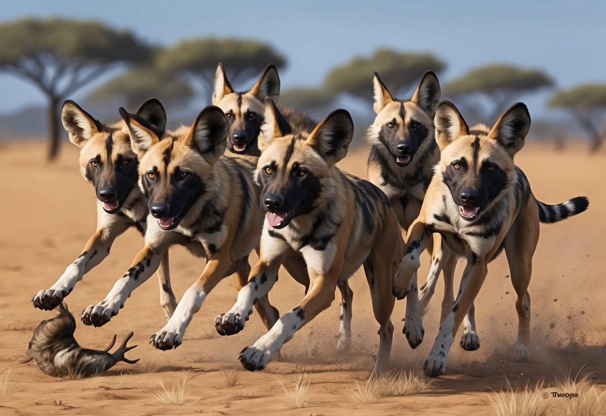 African wild dogs hunt in a pack, chasing down prey with coordinated teamwork and speed