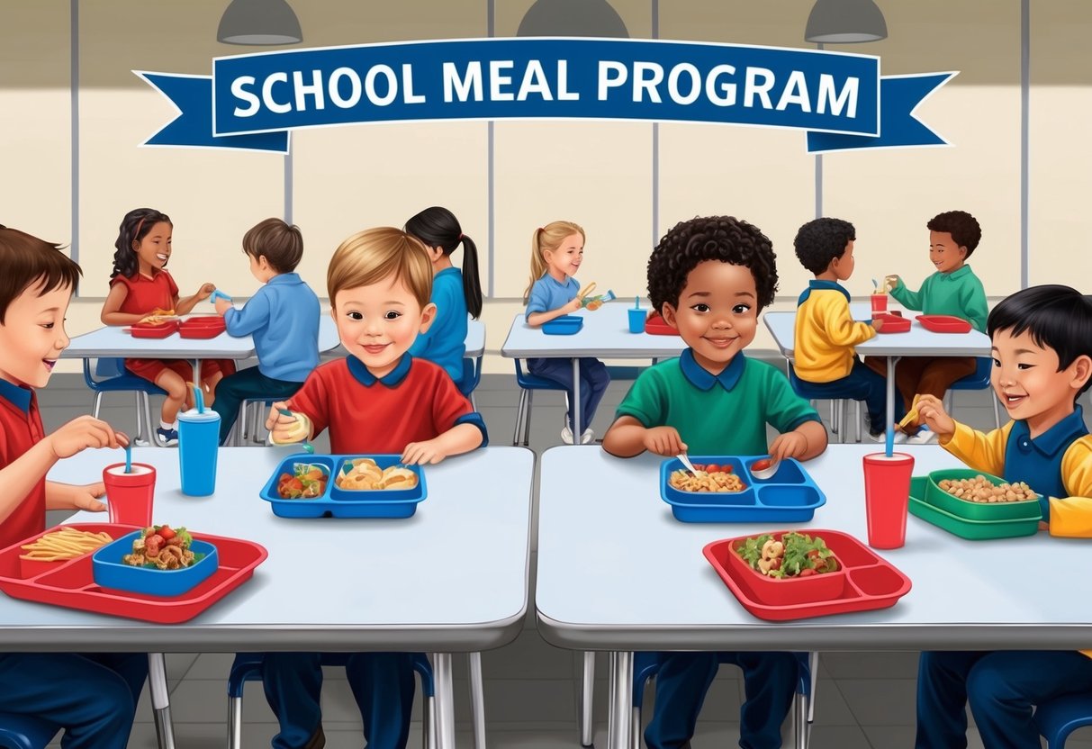 Children at lunch tables, some choosing red or blue trays, while others mix both colors for their meals.</p><p>A banner above reads "School Meal Program."