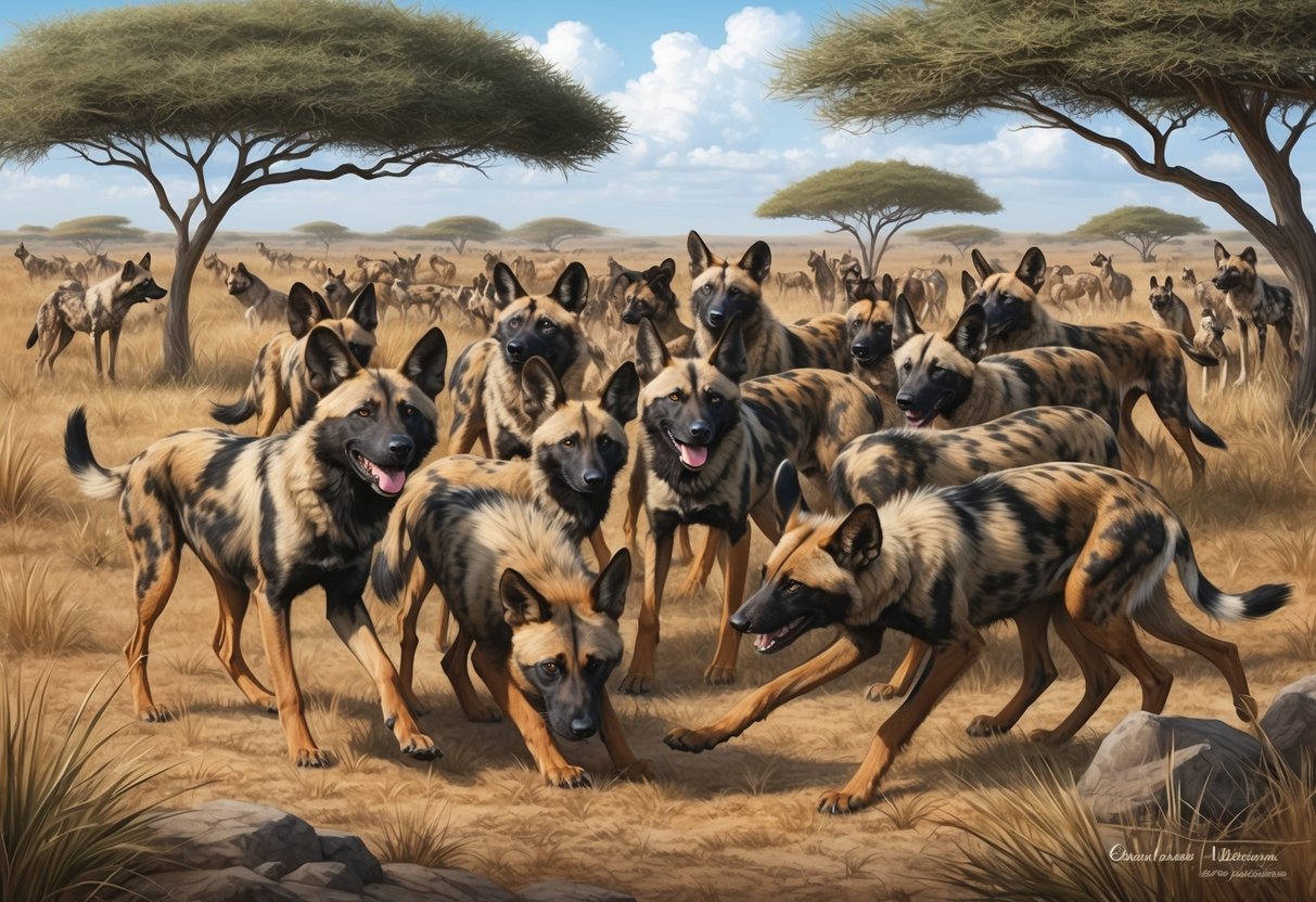 African wild dogs gather in a lively, communal hunt, their unique coats and social behaviors reflecting their cultural significance in the African savanna