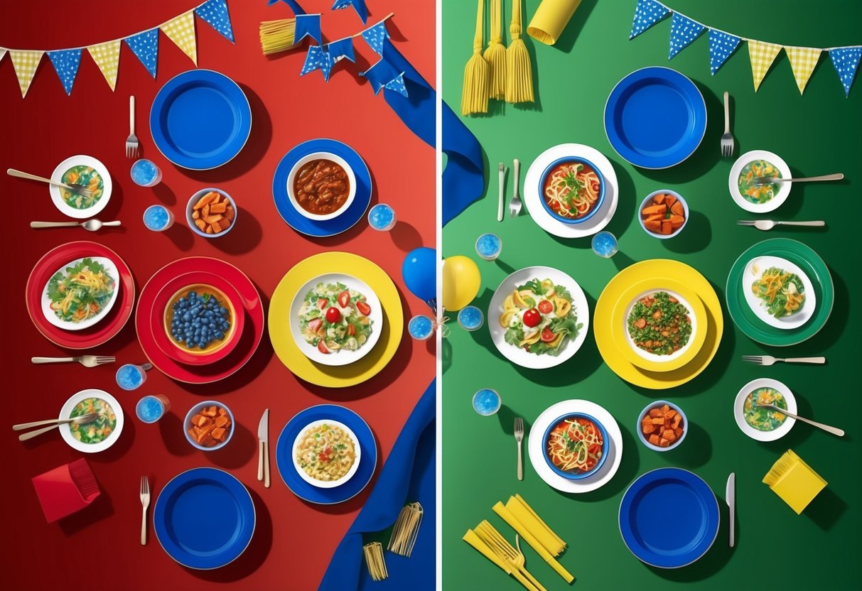 A table split in half, one side filled with red and blue themed dishes, the other with green and yellow.</p><p>Banners and decorations match the color scheme