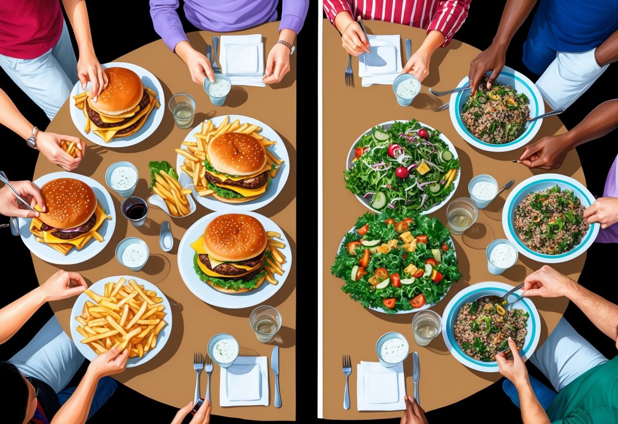 A crowded table split in half, one side piled high with burgers and fries, the other with kale salads and quinoa bowls