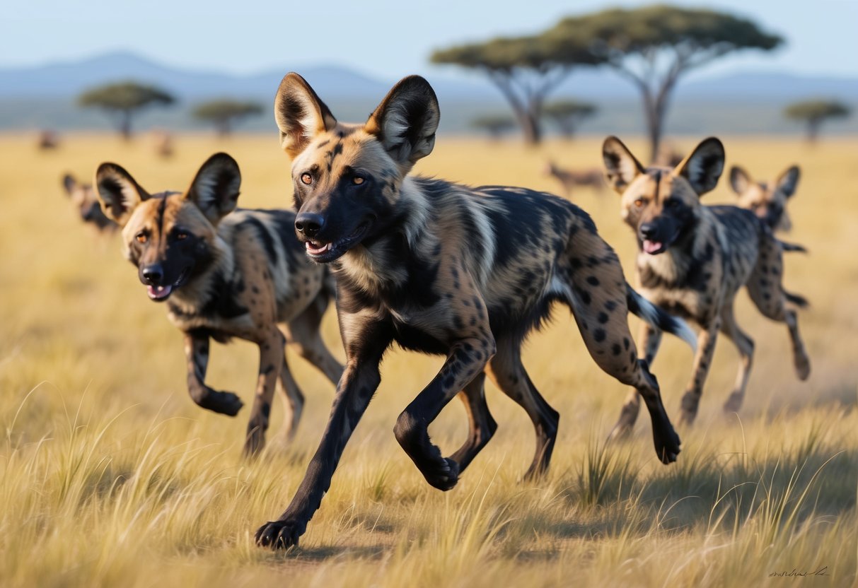 African wild dog running through grassland, surrounded by a pack of fellow wild dogs