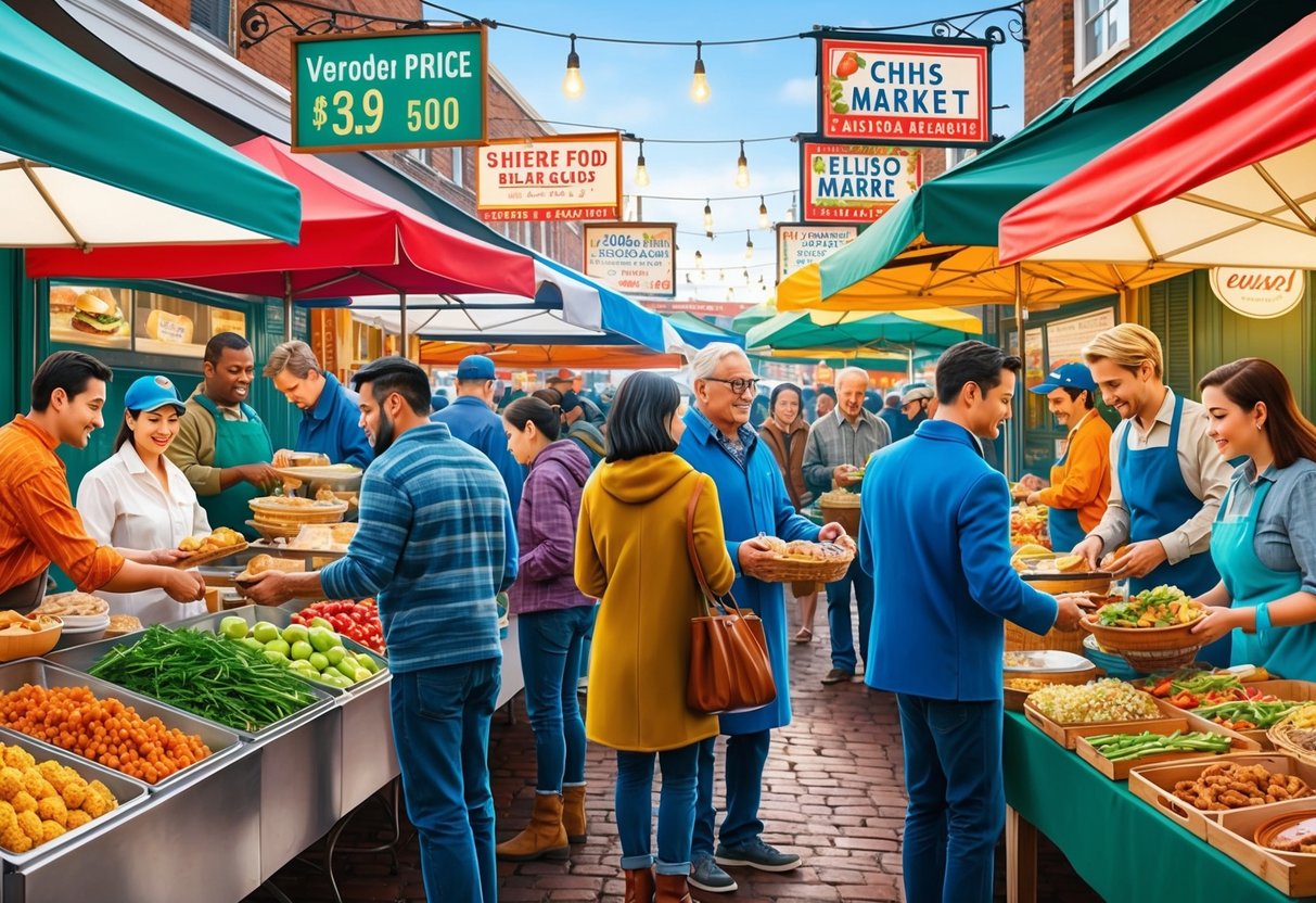 A diverse group of people selecting food from different vendors at a bustling outdoor market, with signs advertising various prices and specialties