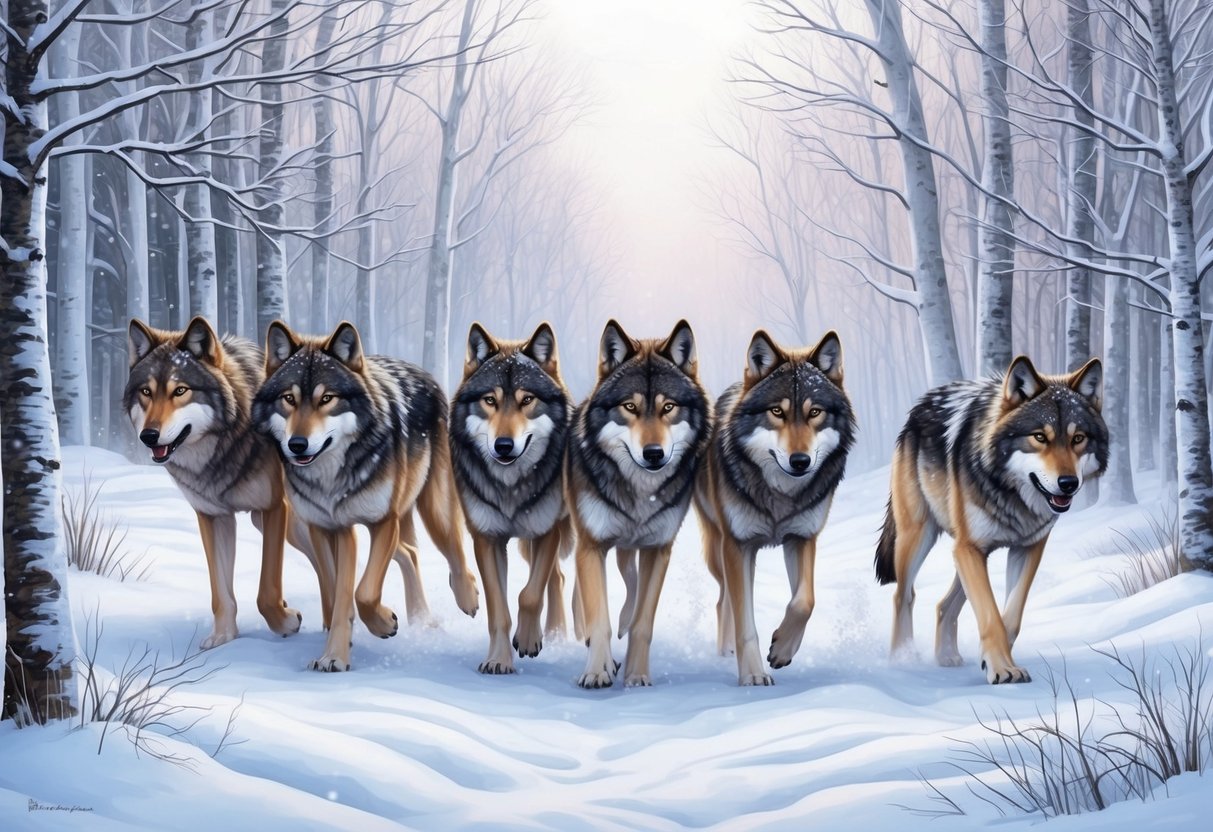 A pack of wolves roam through a snowy forest, their fur blending with the white landscape as they move together in unity