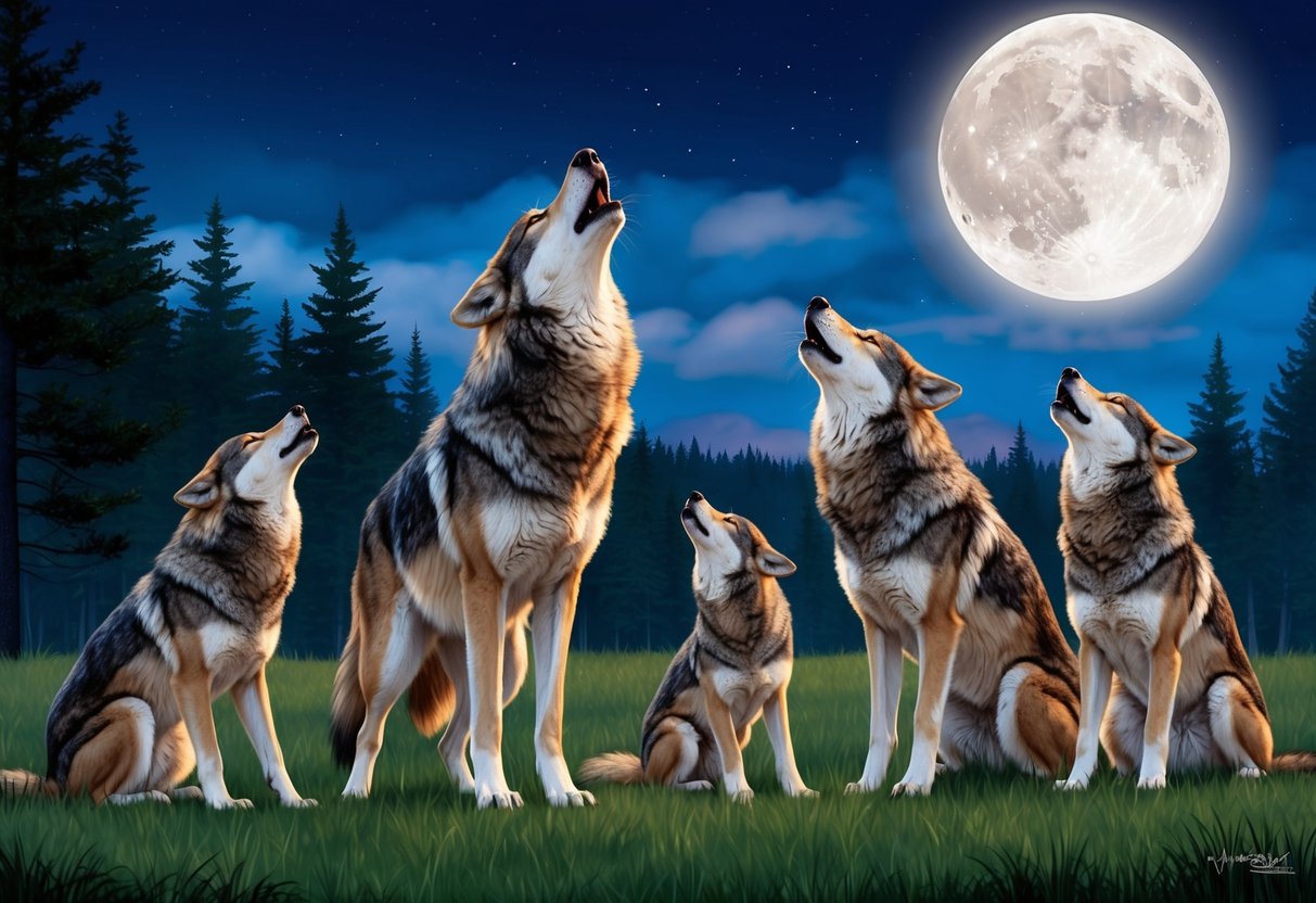 A wolf pack howling under the full moon in a forest clearing