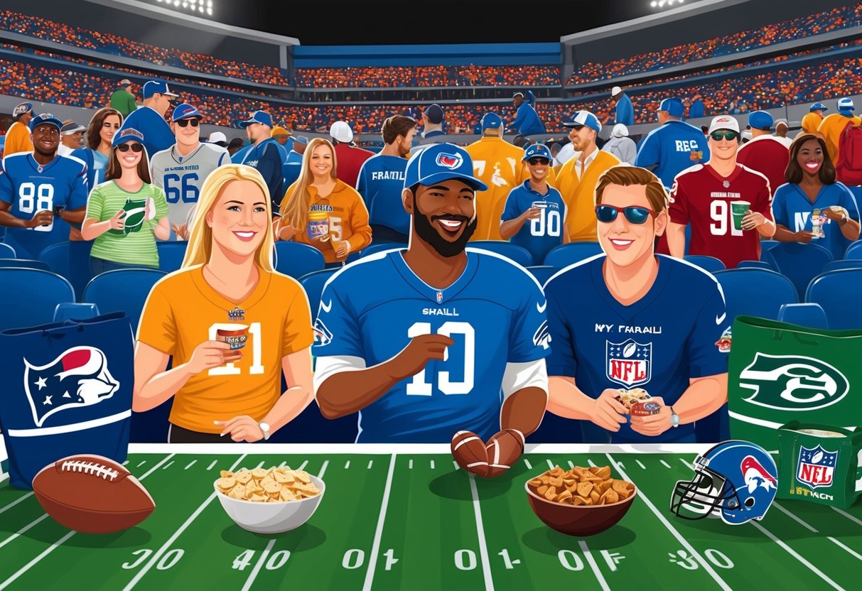 Fans at a football game, choosing between healthy and indulgent snacks, surrounded by NFL merchandise and logos