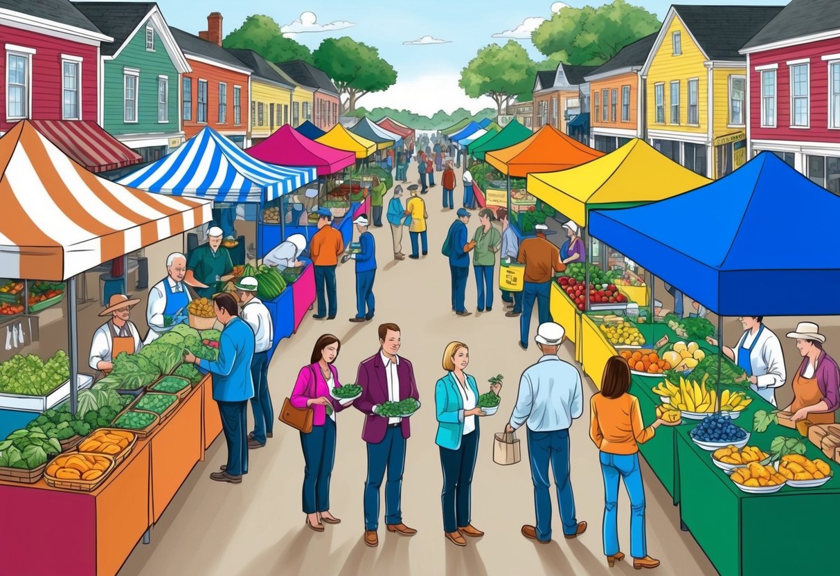 A crowded farmers' market with colorful food stalls, each representing a different political party.</p><p>Customers are seen choosing and purchasing food items based on their party affiliation