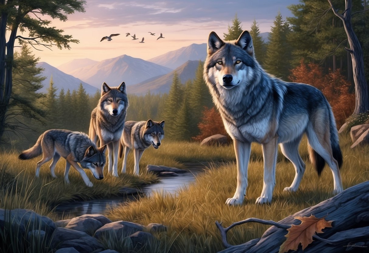 A lone wolf watches as the pack hunts, showing strength and unity