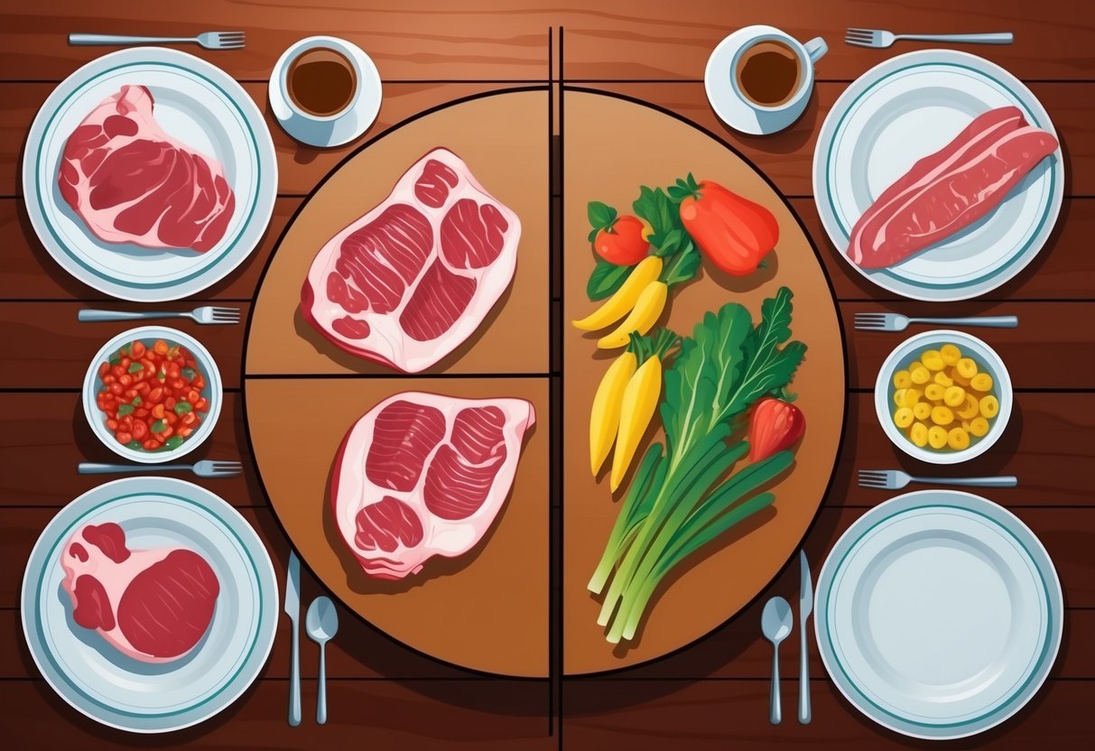 A table split in half with one side displaying meat and the other fruits and vegetables, symbolizing partisan food choices