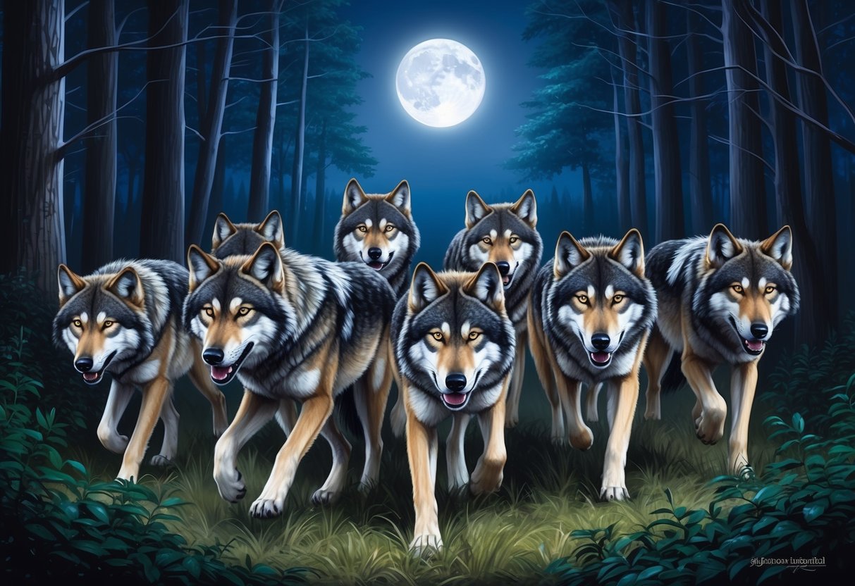 A pack of wolves prowls through a dense forest, their eyes gleaming in the moonlight as they move with purpose and unity