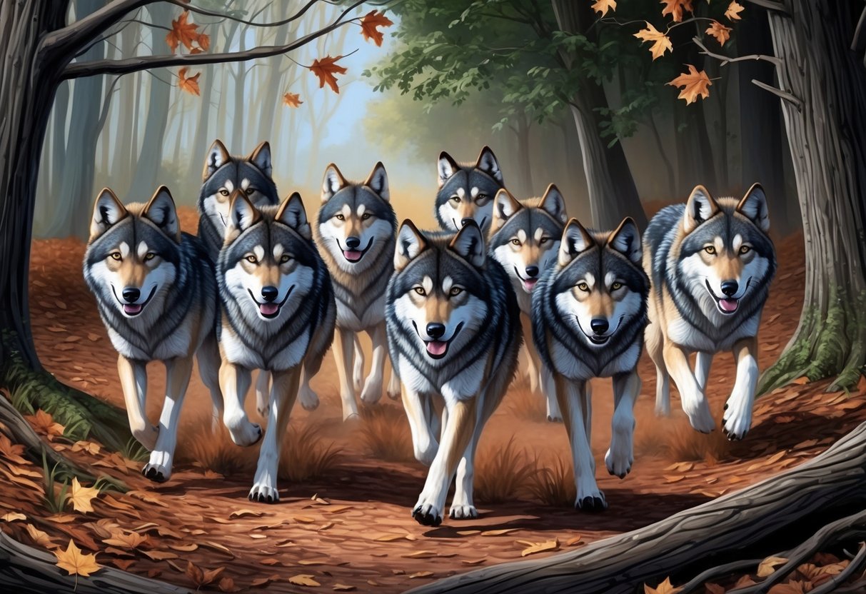 A pack of wolves running through a forest, with trees and fallen leaves in the background