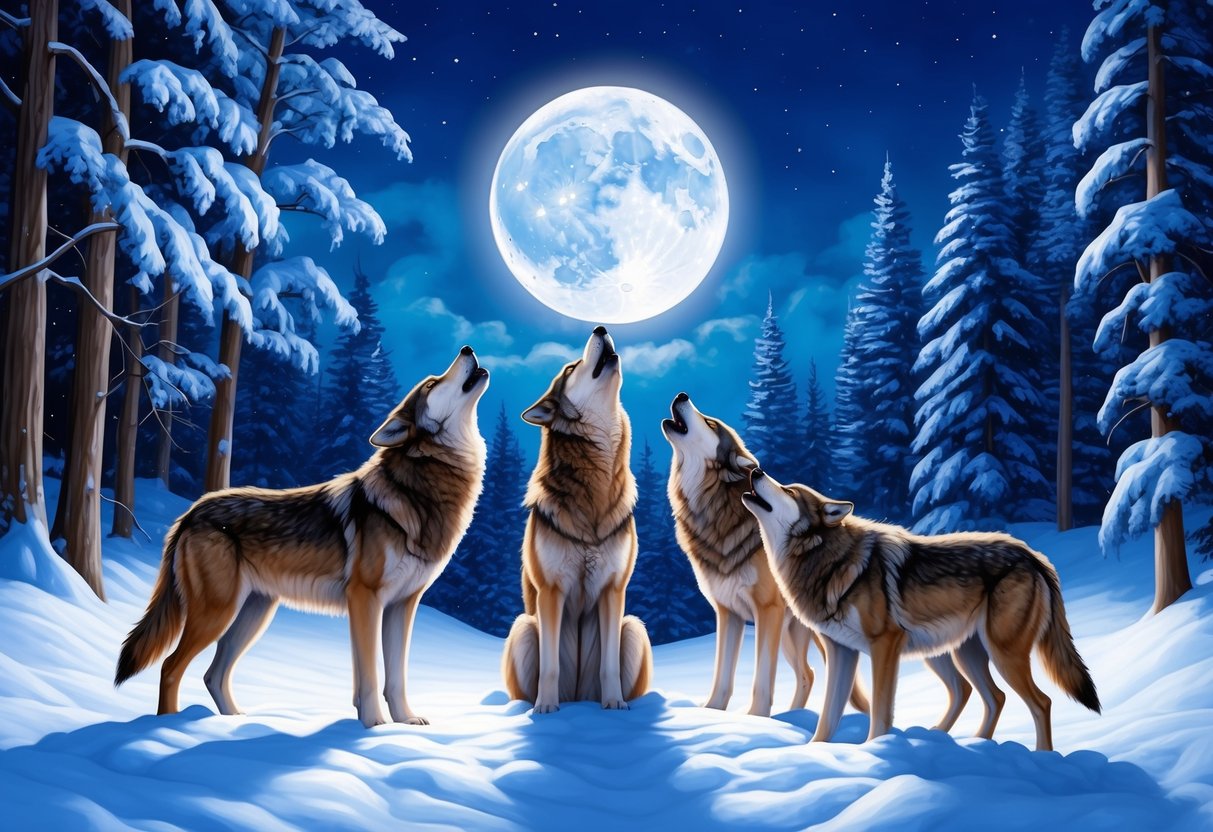 A pack of wolves howling under a full moon in a snowy forest