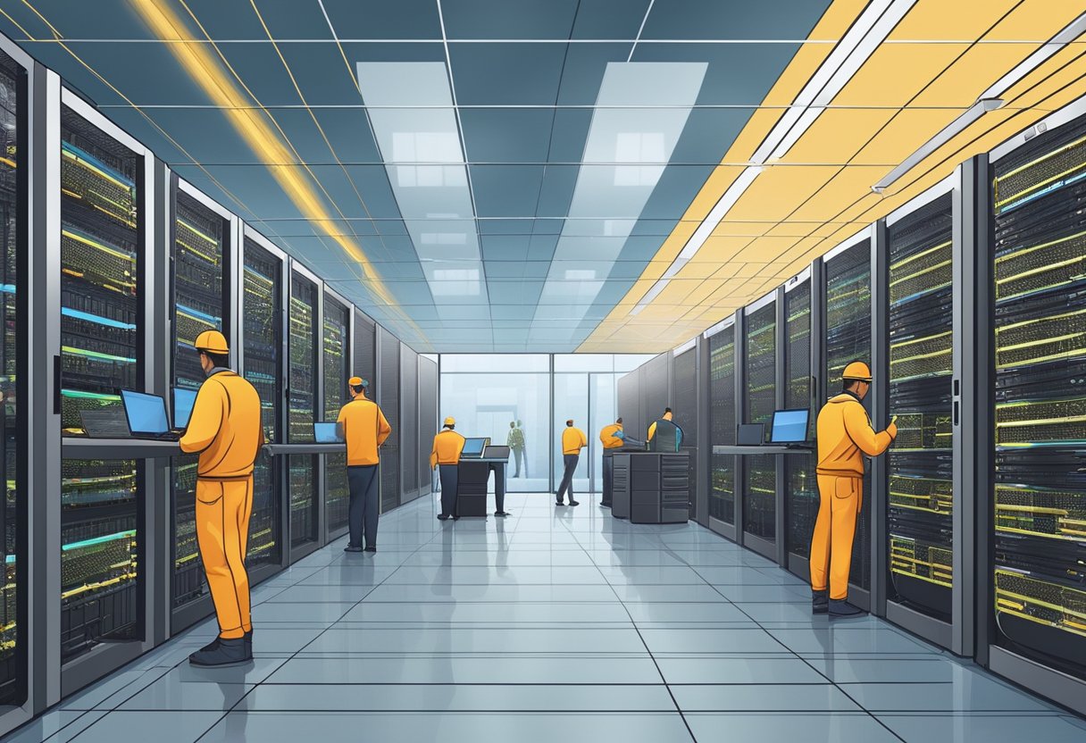 A bustling data center with rows of servers, cables, and technicians working on site migration and configuring various types of hosting