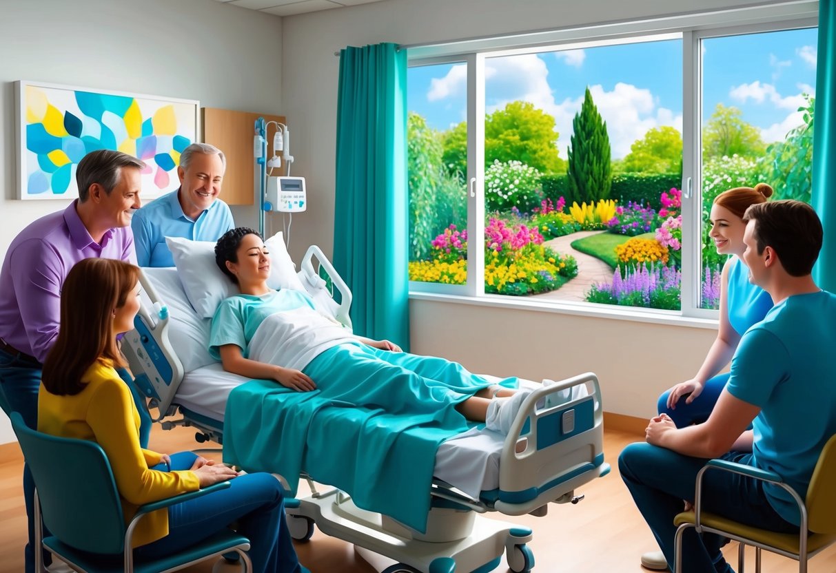 A person receiving chemotherapy sits in a hospital room surrounded by supportive friends and family.</p><p>Outside the window, a vibrant garden symbolizes hope and healing