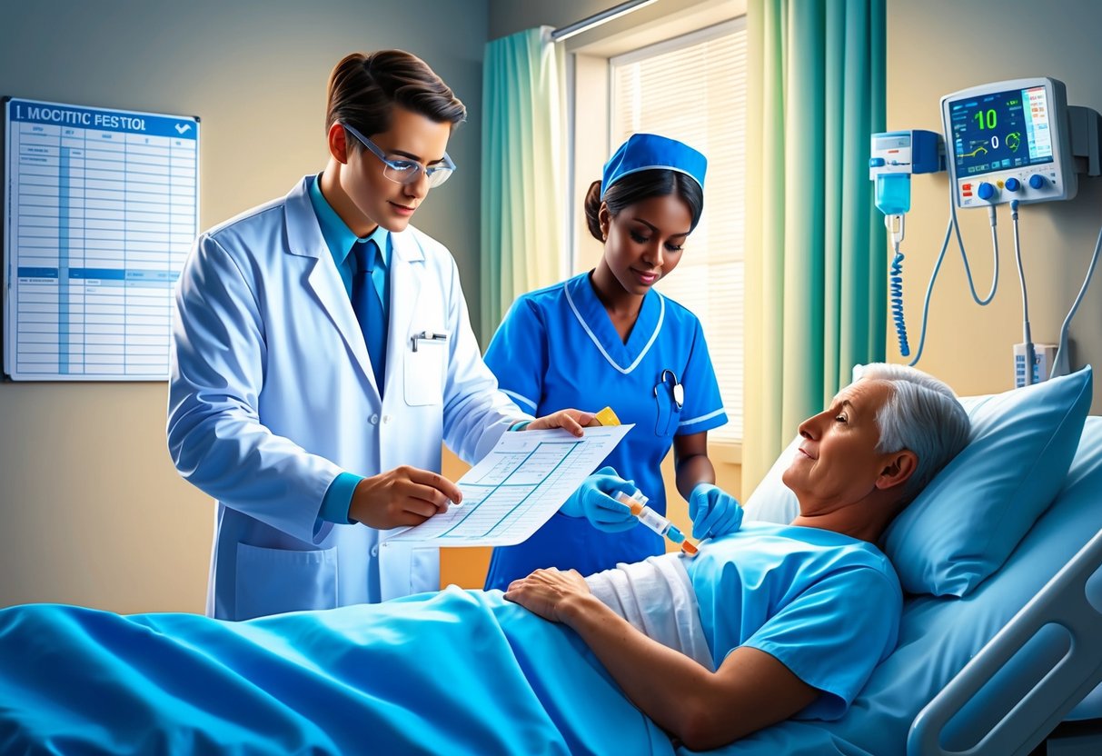 A doctor in a lab coat examines a chart while a nurse administers medication to a patient in a hospital room.</p><p>A medical device monitors the patient's vital signs