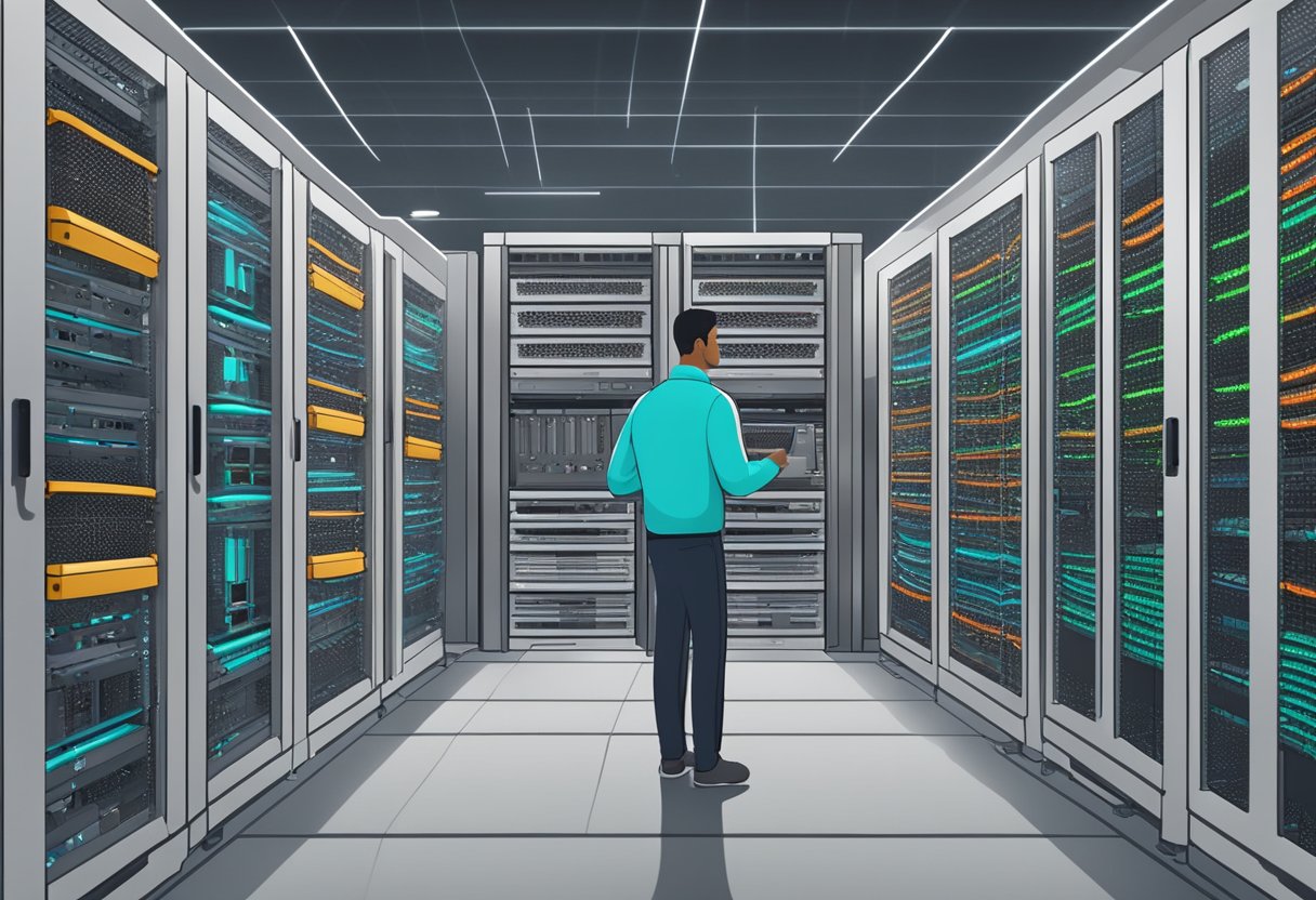 A server room with rows of racks holding various types of hosting equipment, with cables running between them and a technician working on site migration