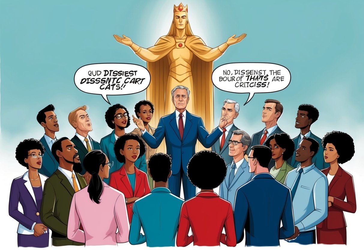 A group of diverse figures speaking out against a towering, god-like figure, expressing dissent and criticism