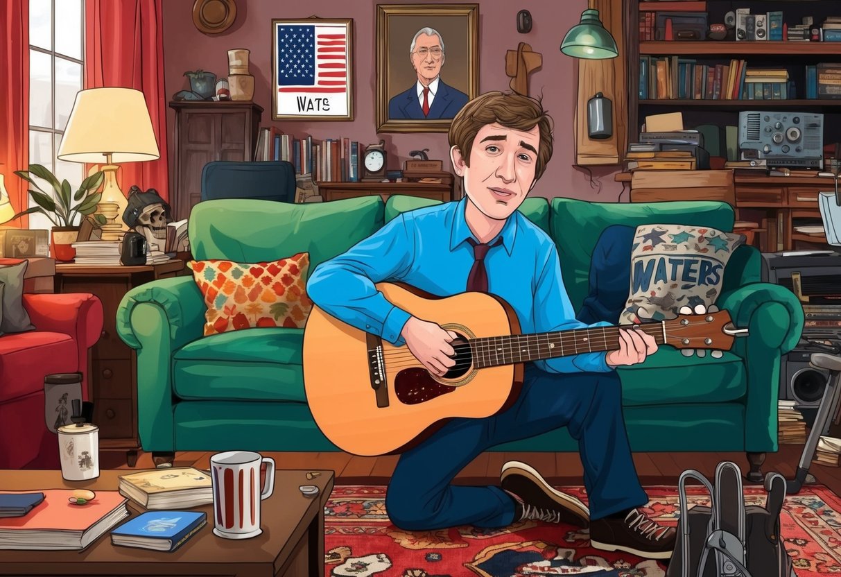 A young Roger Waters listens to political discussions while playing his first guitar in a cozy, cluttered living room