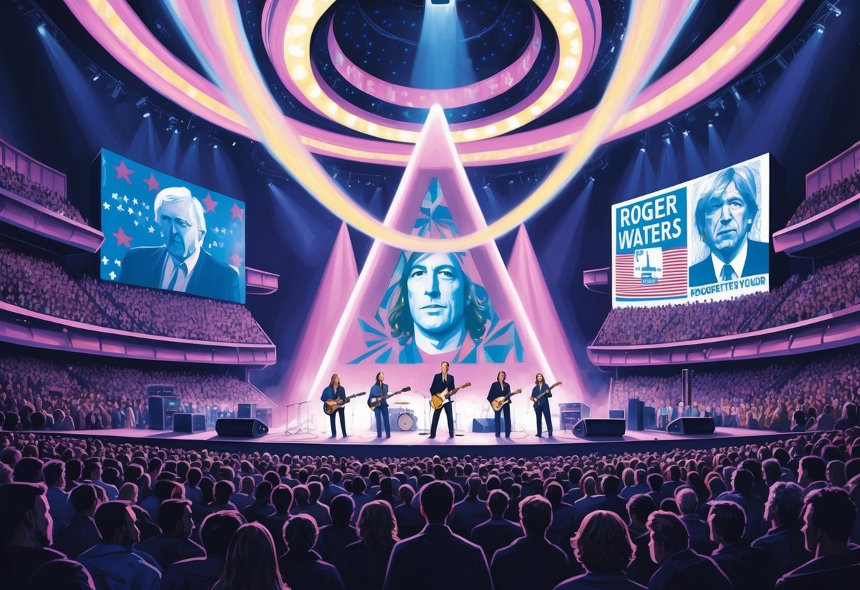 A crowded concert venue with a large stage and a backdrop of swirling lights, as the band Pink Floyd performs, with a prominent image of Roger Waters and political imagery projected behind them