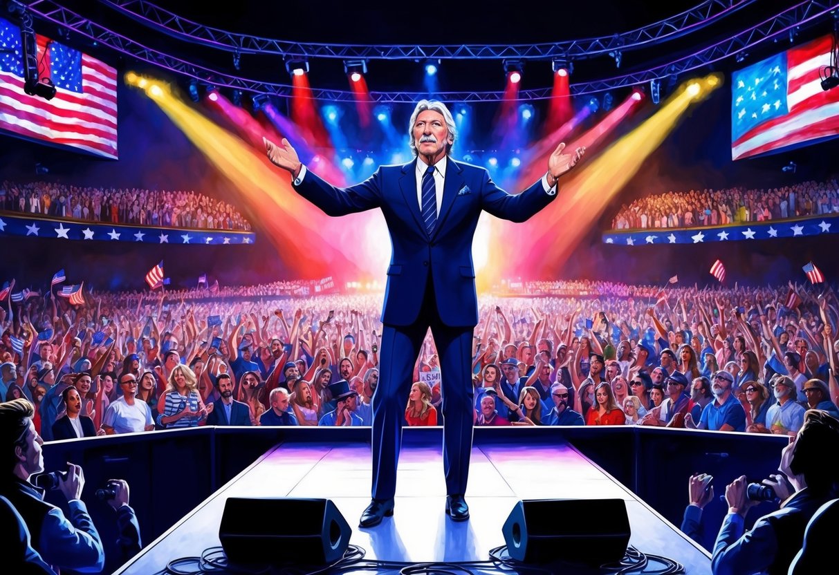 Roger Waters performs on stage, surrounded by a large crowd.</p><p>A backdrop displays political imagery while colorful lights illuminate the concert venue