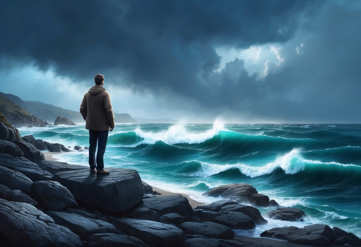 A solitary figure stands on a rocky shore, gazing out at a turbulent sea under a stormy sky, with a sense of introspection and contemplation