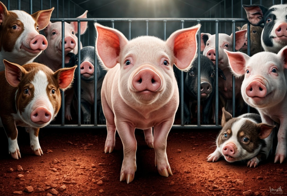 A nervous piglet standing in a hot, crowded pen, surrounded by other anxious animals