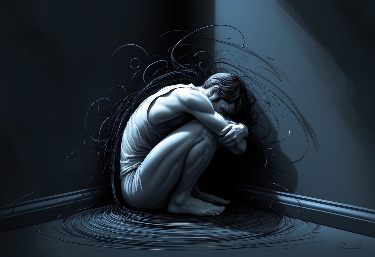 A figure huddled in a dark corner, surrounded by swirling shadows and clutching at their own body