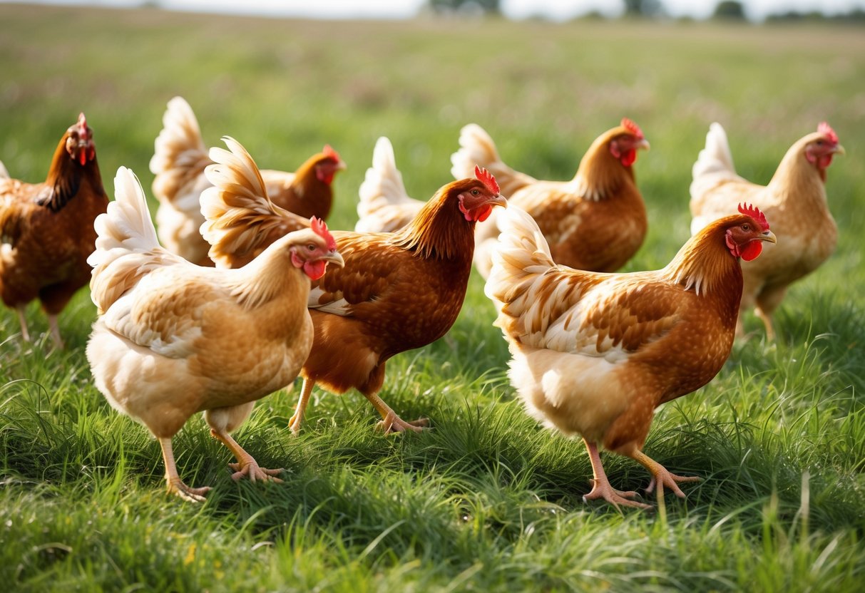 A group of chickens cautiously foraging in a grassy field, alert and watchful for potential predators