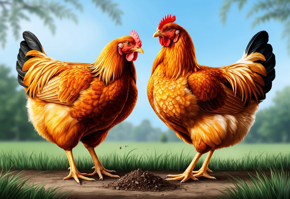 Two chickens stand side by side, one pecking at the ground while the other looks around with a curious expression