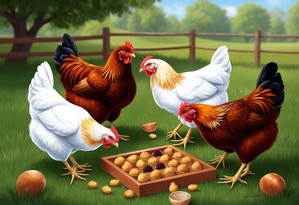 A group of chickens solving a puzzle to access food