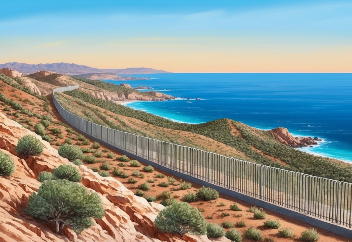 The border between Spain and Morocco, with a fence stretching across rugged terrain and the Mediterranean Sea in the background