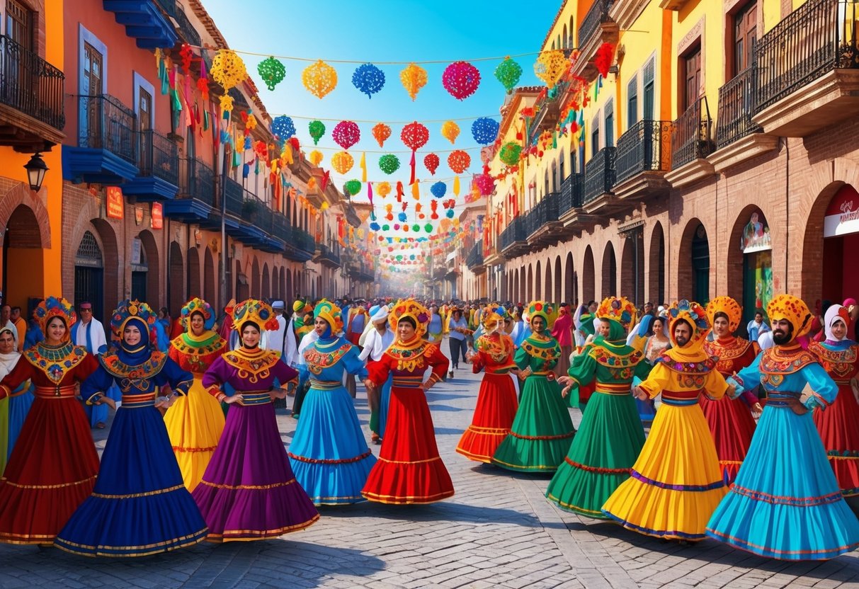 Colorful traditional decorations and vibrant costumes fill the streets, accompanied by lively music and dancing, as people celebrate cultural festivals in Spain and Morocco