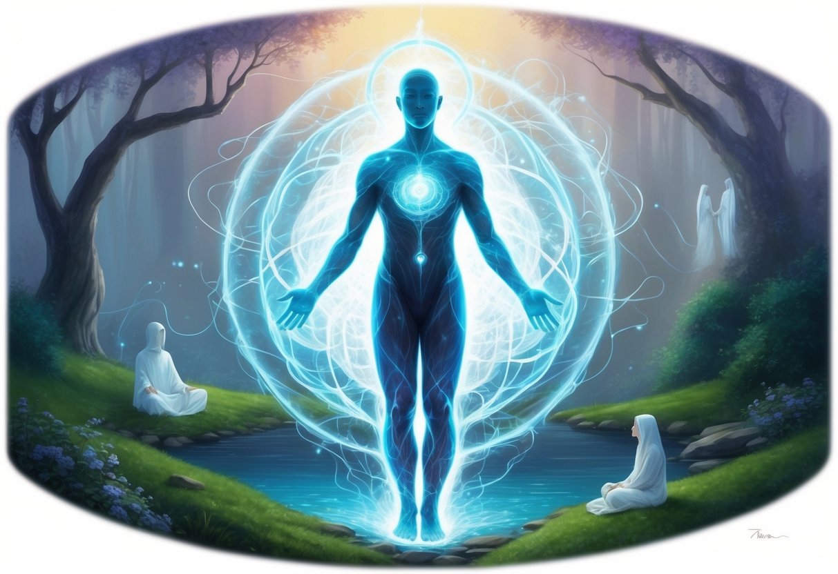 A figure surrounded by ethereal energy, connecting with spirits in a tranquil setting