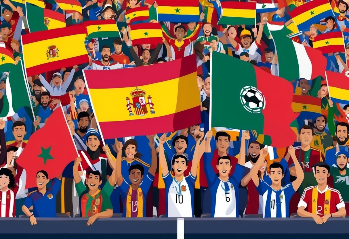 A crowd of cheering fans waving flags in the colors of Spain and Morocco, as a soccer match unites the two nations in national pride