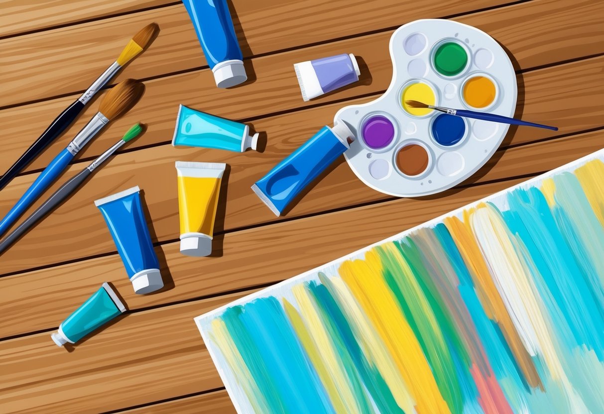 A wooden table with various art supplies scattered on top, including paintbrushes, tubes of paint, and a palette.</p><p>A canvas sits nearby, partially covered in colorful strokes