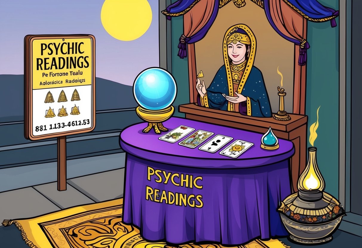 A fortune teller's table with crystal ball, tarot cards, and incense.</p><p>A sign outside advertises "Psychic Readings."