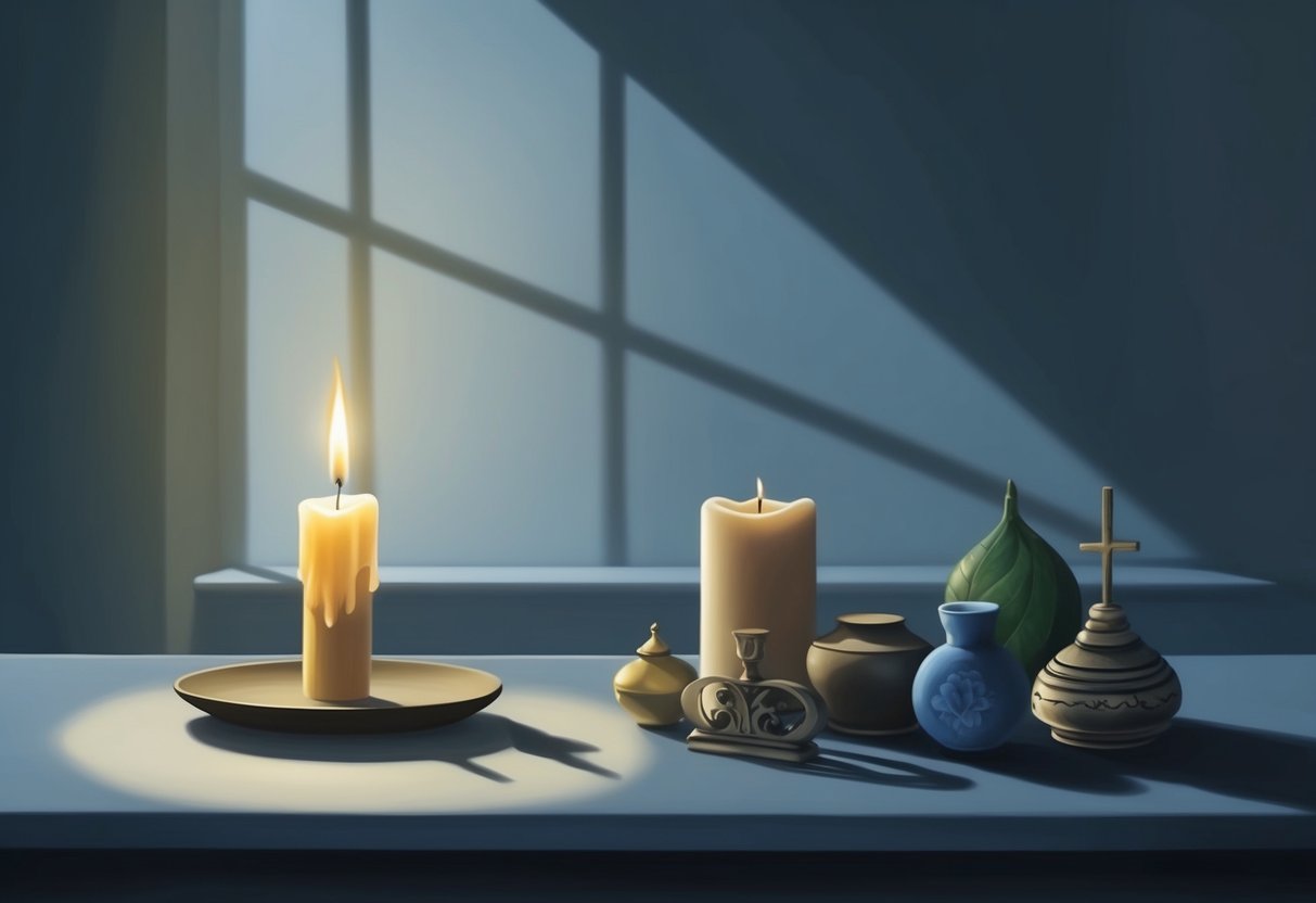 A serene, dimly lit room with a single candle flickering on a table, casting shadows on a collection of symbolic objects representing loss and remembrance