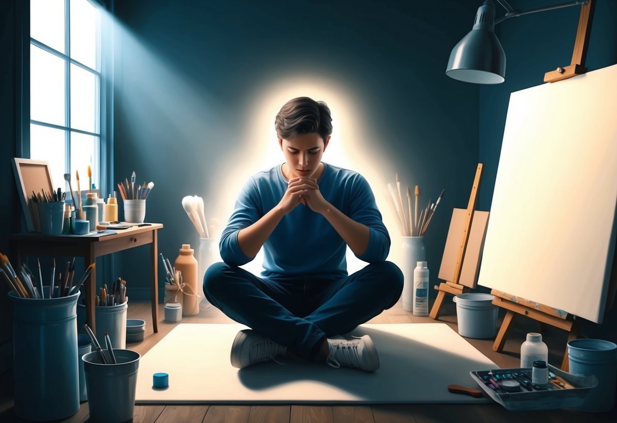 A person sitting in a dimly lit room, surrounded by various art supplies and a blank canvas.</p><p>A faint glow emanates from the center, where the person seems to be deep in thought