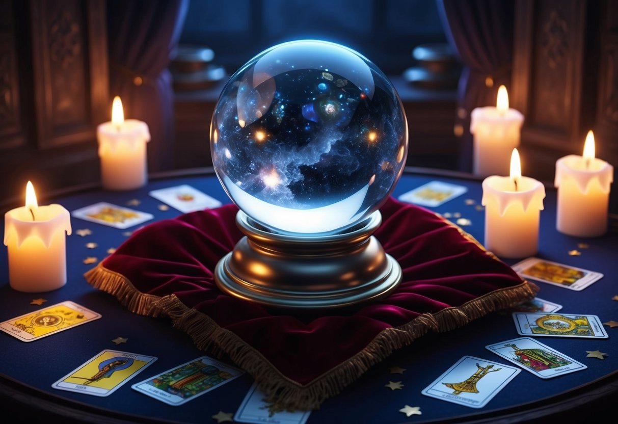 A crystal ball sits atop a velvet cloth, surrounded by flickering candles and scattered tarot cards.</p><p>A mysterious atmosphere fills the dimly lit room