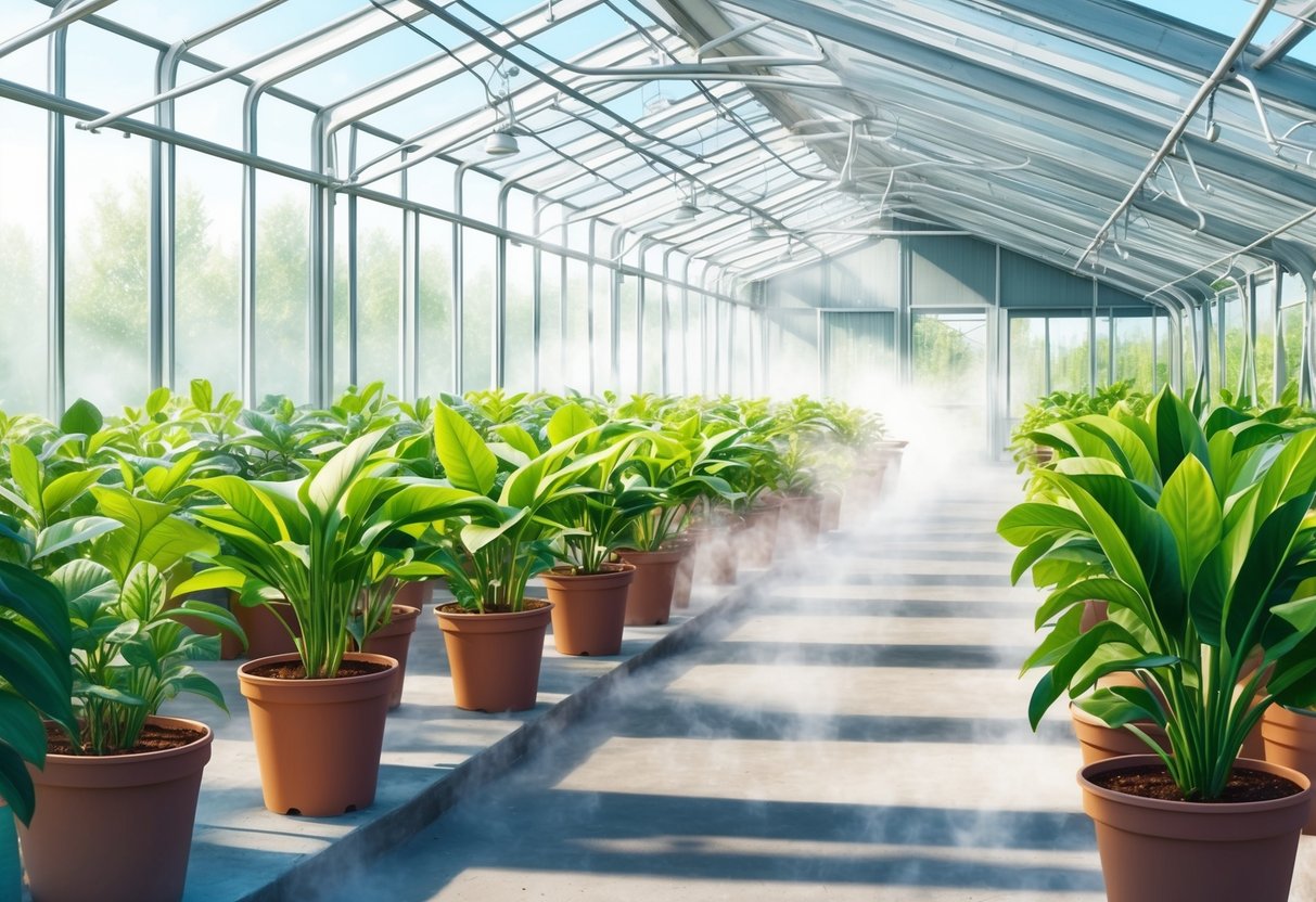 A bright, sunlit greenhouse with rows of potted sweat plants, surrounded by a gentle mist and humidity