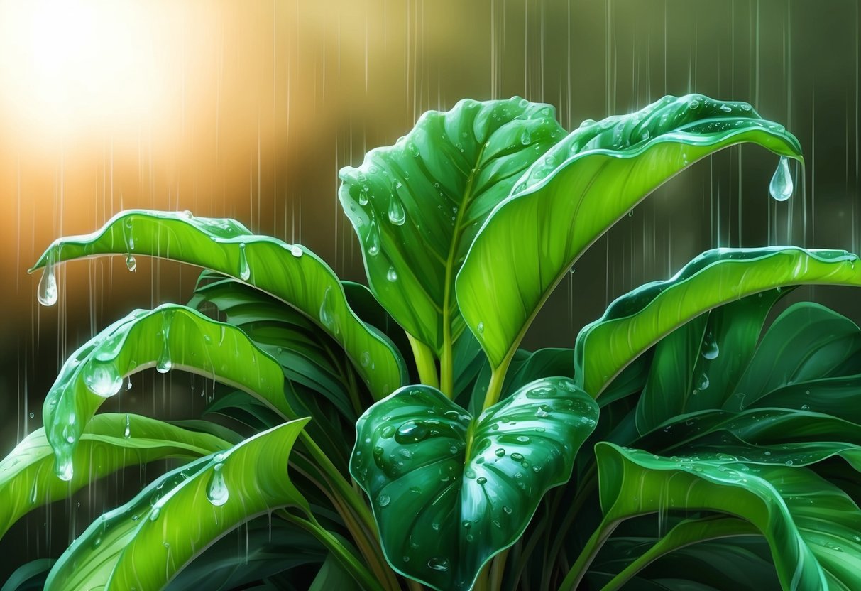 Lush green plant glistens with moisture in a warm, humid atmosphere