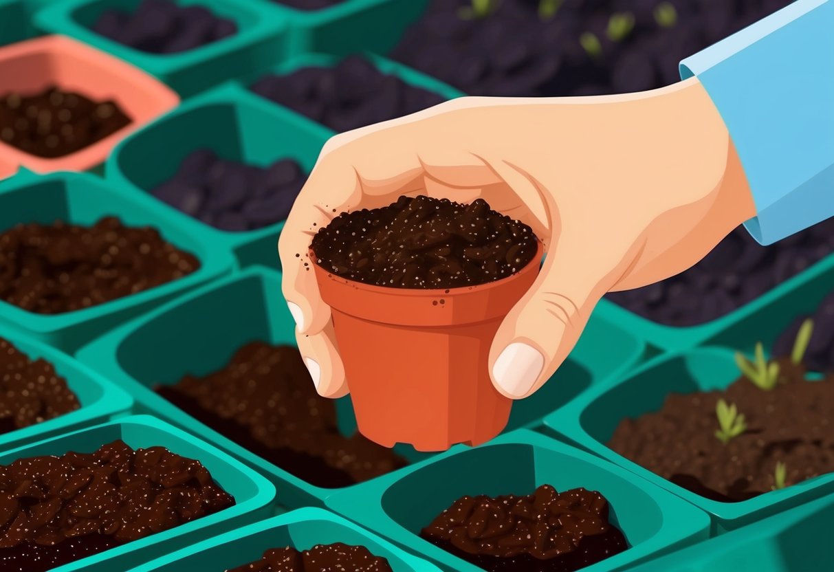 A hand holding a small pot, filling it with soil