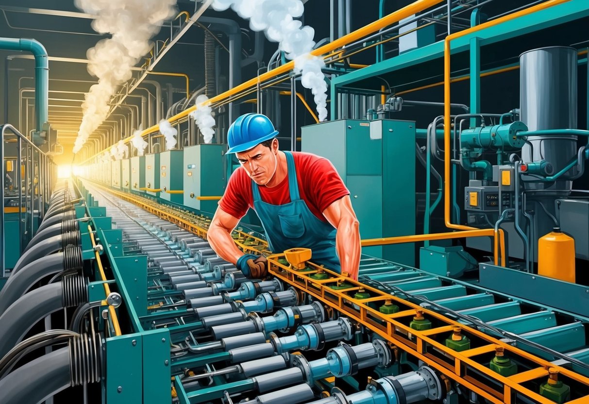 A sweat plant worker struggles to keep up with the fast-paced production line, surrounded by steam and machinery