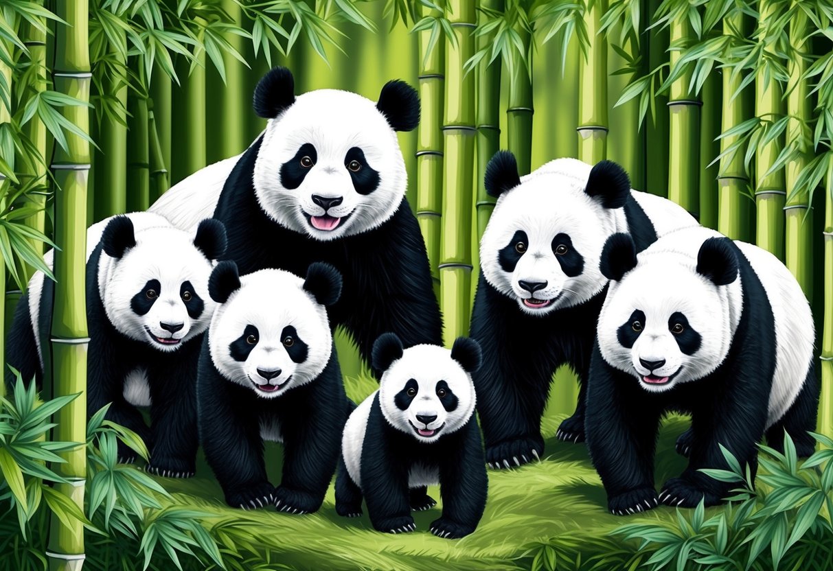 A family of pandas roam through a bamboo forest, their black and white fur blending in with the lush greenery.</p><p>The peaceful creatures symbolize the ongoing struggle to protect their endangered species