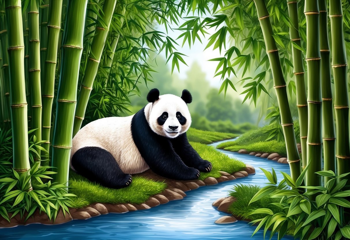 A lush bamboo forest with a gentle stream, where a giant panda peacefully rests in its natural habitat