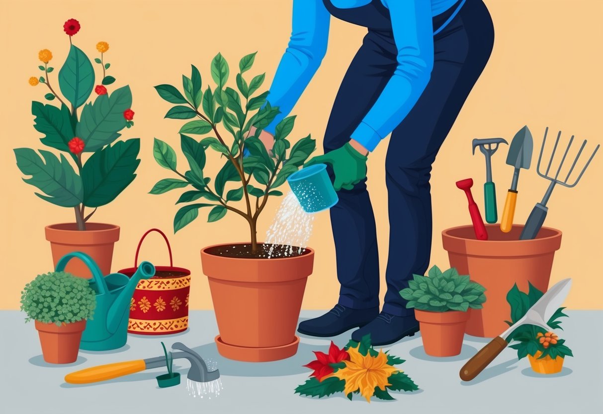 A person watering a potted plant surrounded by gardening tools and seasonal decorations