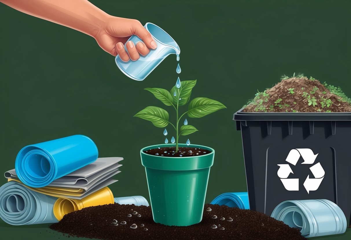 A hand watering a green potted plant with drops of water falling onto the soil, surrounded by recyclable materials and a compost bin