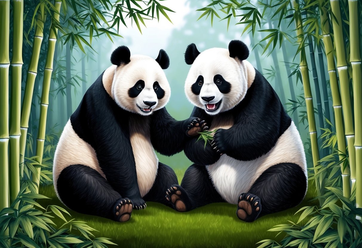 A pair of pandas surrounded by a lush bamboo forest, with a concerned expression on their faces as they struggle to conceive offspring