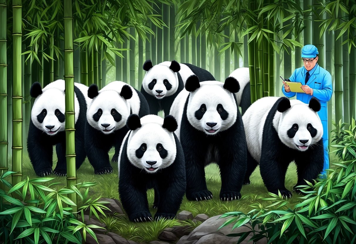 A group of pandas roam through a dense bamboo forest, their black and white fur blending in with the greenery.</p><p>A scientist observes from a distance, taking notes on their behavior