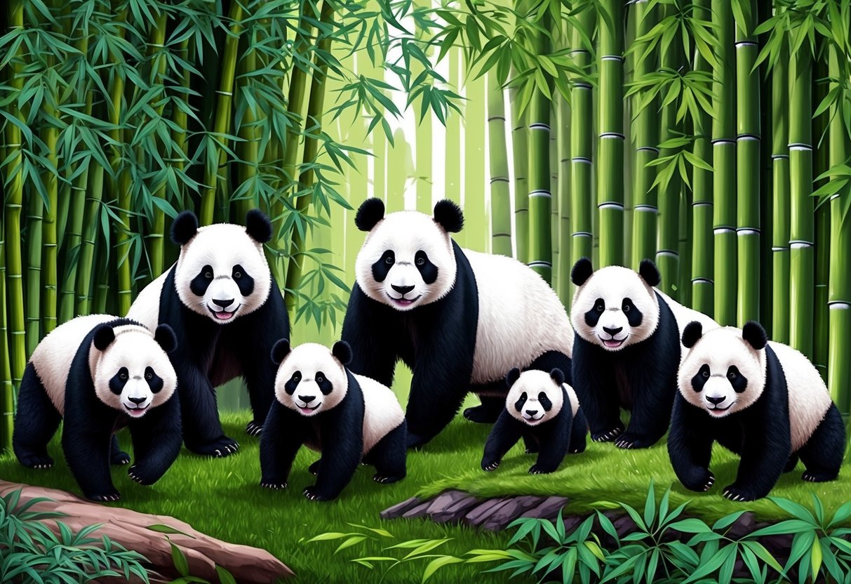 A family of pandas roam a lush bamboo forest, their future uncertain